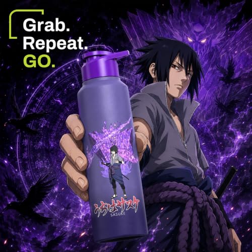 Image of Water Bottle 950ml Stainless Steel Sports /Fridge Bottle with Sipper Cap | 1-Year Warranty | Single Wall| For Home, Office, Gym, Travelling | Lightweight | Naruto Ninja | Purple-Sasuke