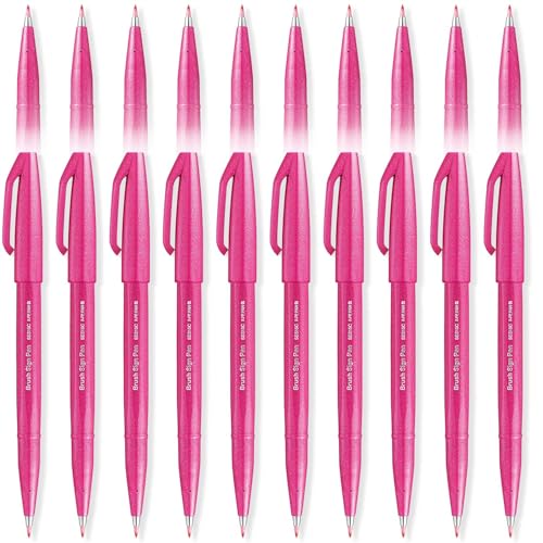 Pentel Brush Sign Pen SES15C - Brush Nib - Fibre Tip - Cool Tones - Set of 20 Pens (Pink)
