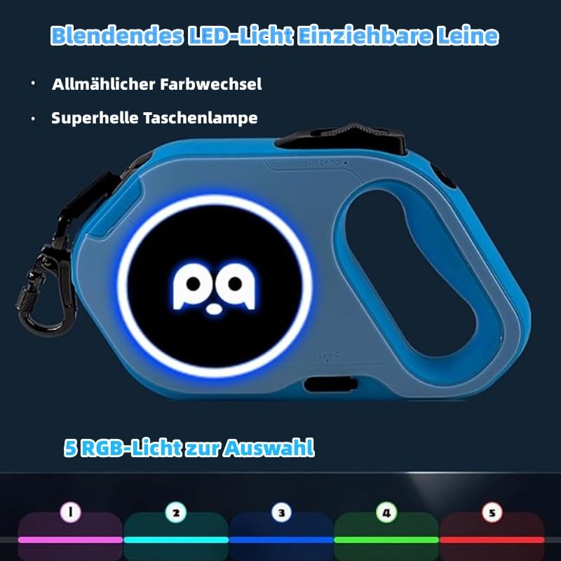 Einziehbare Hundeleine Aufgerüstet Wiederaufladbar mit LED-Licht, Einhandbremse und Entriegelung Verwicklungsfreie Haustierleinen 16ft/5m Nylonband für bis zu 88lbs kleine mittelgroße Hunde (blau)