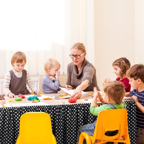Image of Oudain 14 ft Black and White Polka Dots Table Skirt Cloths for Teacher Desk Boho Wrinkle Polka Dots Table Cover Skirt for Kindergarten Classroom Kidney Shaped Desk Back to School Supplies