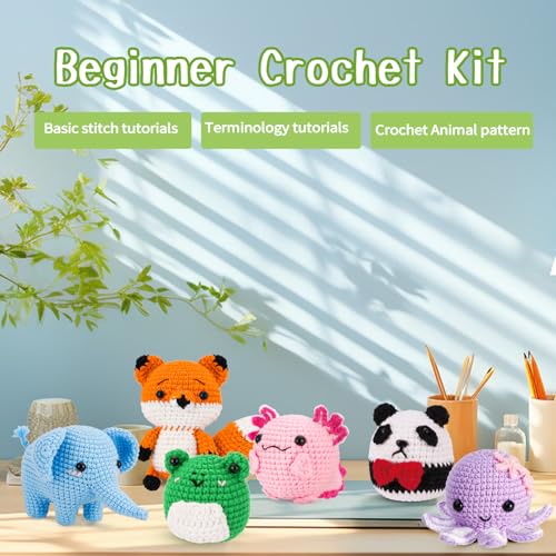 Image of Gerute Crochet Kit for Beginners, 6 PCS Amigurumi Animal Family Starter Kit with Step-by-Step Video Tutorials & Illustrated Guide, 40% Extra Yarn, DIY Family Craft Gifts for Adults & Kids