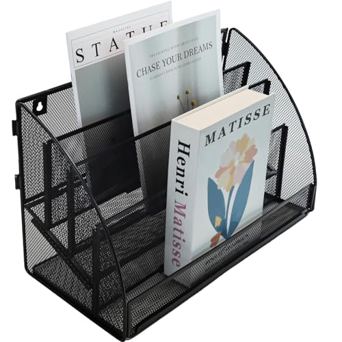 TSDRBWO Desktop File Organizer,Mesh Metal Magazine File Holder,4 Vertical Compartments Document Holder Office Folder Storage Rack for Desk Tidy,Paper Organiser Filing Rack,Black