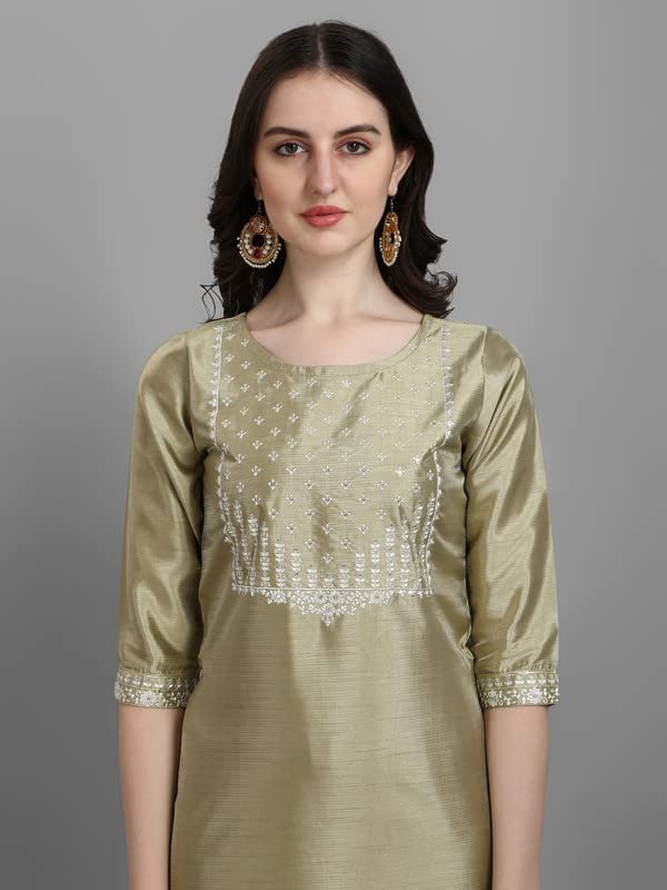 Image of VredeVogel Women's Silk Blend Embroidered Straight Kurta Pant Set with Organza Dupatta
