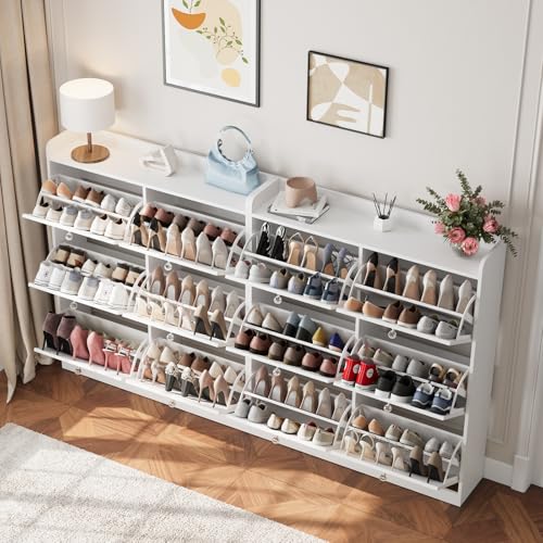 خزانة احذية من فونر مع 6 ادراج قلابة، منظم احذية كبير قائم بذاته، خزانة احذية ضيقة موفرة للمساحة للمدخل والبهو والرواق (ابيض، 6 ادراج قلاب)