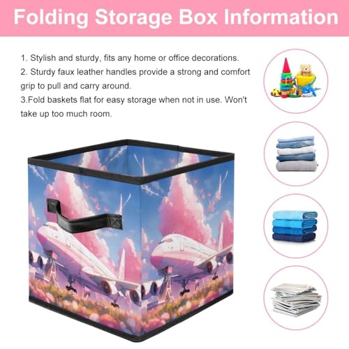 Boîte de rangement pliable motif avion rose et poignées cuir design chic