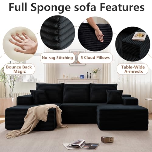 Image of 107 inch Modular Sectional Sofa with Ottoman, Modern Corduroy Cloud Couch with Deep Seat, Boneless Couch Upholstered 3-Seater U-Shaped Sofa for Living Room, No Assembly (Black, Left-Facing Chaise)