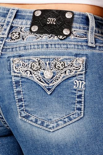 Miss Me Women's Silver Patch Fleur De Lis Faux Flap Pockets Mid-Rise Bootcut Jeans4