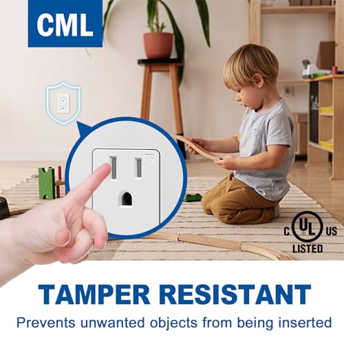 Image of CML 15 Amp Decorator Recetpacle Outlet, 50 Pack Tamper Resistant Electrical Wall Outlet with Screwless Wallplate, 15A /125V, Residential and Commercial Use, UL Listed, White
