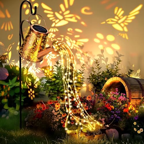 GIGALUMI Solar Watering Can Lights Outdoor Garden, Waterproof Metal Water Can Ornaments with String Lights, Solar Hanging Lantern with Bracket for Yard Lawn Pathway Patio