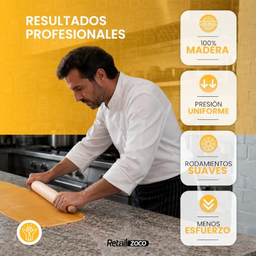 Miniatura 3 de Chefzoco Rodillo De Cocina, Rodillo De Repostería, Rodillo De Amasar Con Rodamientos, Rodillo Para Hacer Pan, Rodillo Para Pizza, Fabricado En Madera De Haya, Largo 44 Cm, Diámetro 4.8 Cm