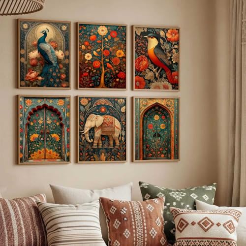 Image of kotart Madhubani Art Wall Painting Traditional Vastu Peacock Home Decoration With Frame For Living Room Bed Room Hotel Wall Decor Digital Reprint Set of 6 (10X13 inch)