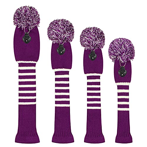 Scott Edward Multi-Style Optional Individualized Knit Golf Club Head Covers Set of 4, Fit for Driver Wood(460cc) * 1, Fairway Wood * 2, and Hybrid(UT) * 1, for Male/Female Golfers (Violet)