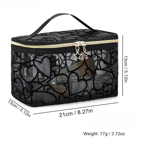 Image of Large Mesh Makeup Bag Flocking Heart Printed, Portable Travel Mesh Cosmetic Bags Toiletry Bags Makeup Purse Bags Five-pointed star zipper pull Storage Pouches, for Home Travel Accessories
