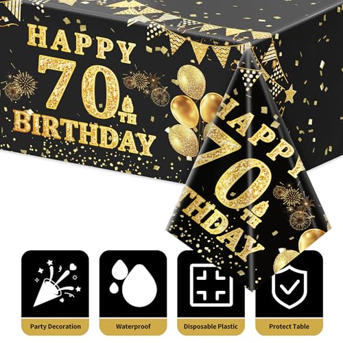 Image of Labeol 3 Pack 70th Birthday Tablecloth, Black and Gold Happy 70th Birthday Decorations, Disposable Plastic Rectangular Table Cover Party Supplies for Men Women