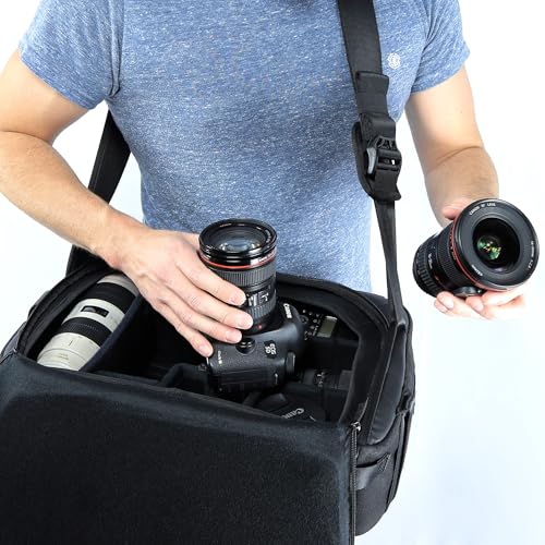 Image of BEVISGEAR Top Shelf Camera Bag, Water Resistant Sling Backpack for Photo and Video with hidden Tripod Holder, works with DSLR, SLR, Mirrorless cameras and more | 22l Capacity, 19x12x7 in, Water-Resistant 500d Kodra Plus Rain Cover, Hidden Tripod Holder, 11 Dividers, Fits Up to 15 Laptop