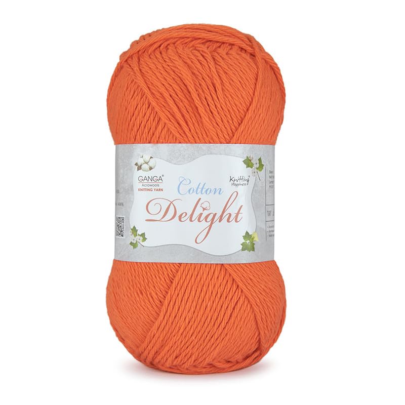 Image of Ganga Acrowools Cotton Delight, Dk Weight Cotton Yarn, Oekotex Class L Certified 100G, 169M, Pack of 1 Ball - 100gm Each, Shade No. - COD026, Tangy Orange