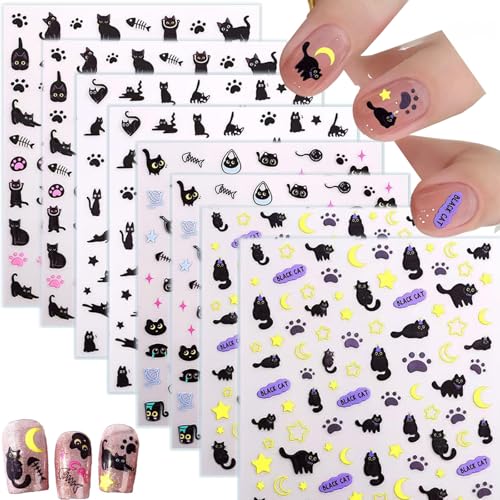 BelleFlair 8 Sheets Nail Stickers for Nail Art Black Cat Stickers & Decals Cute Cartoon Self-Adhesive Manicure Sliders for Women Girls Kids Decorations.