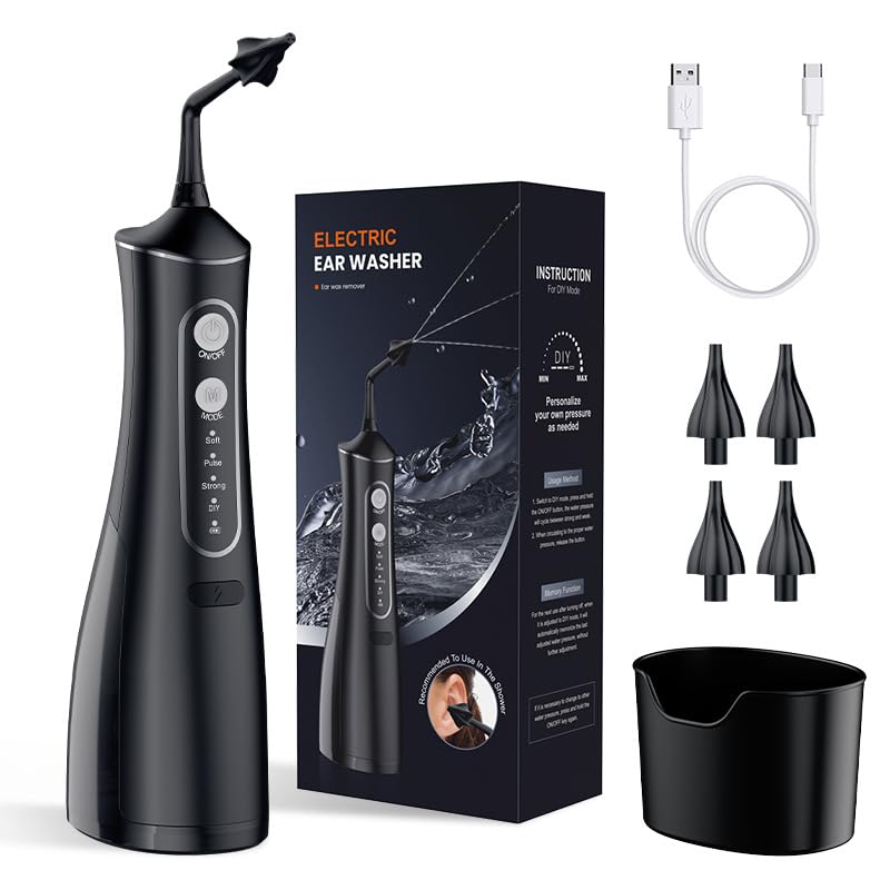 Electric Water Powered Ear Cleaner, Safe & Effective Ear Irrigation Cleaning Tools with 4 Pressure Settings for Rechargeable Ear Syringe Kit, Replaceable Tips For Adults Kid