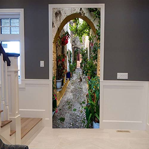 Stickers Porte 90X200Cm 3D Trompe L'Oeil Paysage De Ruelle Rétro Autocollant De Porte Wall Mural Poster De Porte Amovible Adhésif Papier Peint Salon Chambre...