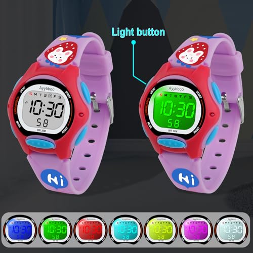 Kids Digital Watches for Girls Boys, 7 Color Lights Waterproof Cute Wristwatches for Kids with Alarm Stopwatch, Great Present for Girls Boys Ages 5-13 Cartoon Purple3