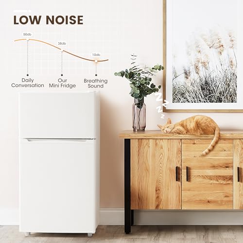 3.55 Cu.Ft Mini Fridge with Freezer, Small Fridge with 2 Doors for Office, Kitchen, Dorm and Bedroom, Mini Refrigerator with Adjustable Shelves (White)