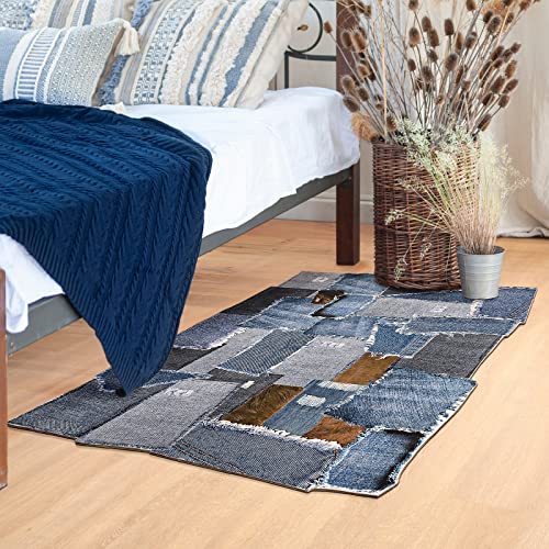 Unirea Modern Denim Area Rug, Durable Faux Cowhide Vintage Irregular Rugs, Stain Resistant Non-Slip Backing Washable Rugs For Living Room Bedroom Kids Room Nursery, Western Home Decor, 2X3 Ft/36"X24" #TOP2