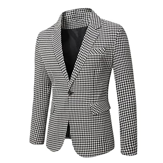 Men Tuxedo Blazer Jacket Houndstooth Suit Coat Notch Lapel Button Tweed Plaid Regular Suit Business Formal Vintage Outerwear
