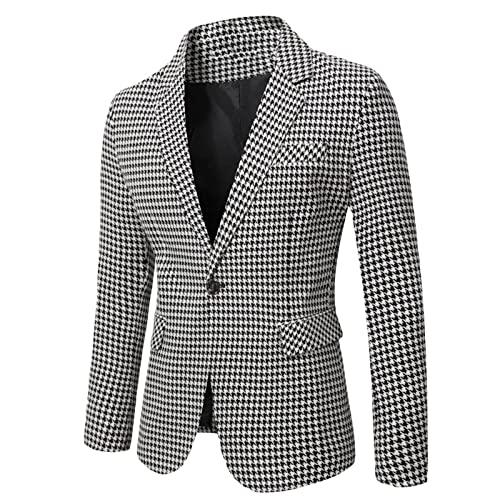 Mens Premium Houndstooth Plaid Slim Fit Tuxedo Prom Wedding Groom Suits Casual One Button Blazer Jacket Sport Coat2