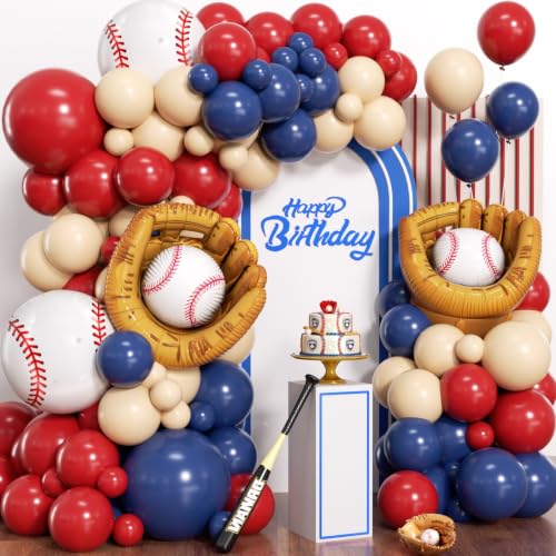 JUNXIAUP Baseball Balloon Arch Garland Kit 155Pcs with Baseball Glove Foil Balloons Navy Blue Red Nude Balloon Arch Kit for Base ball Themed Party Summer Baby Shower Birthday Sports Party Decorations