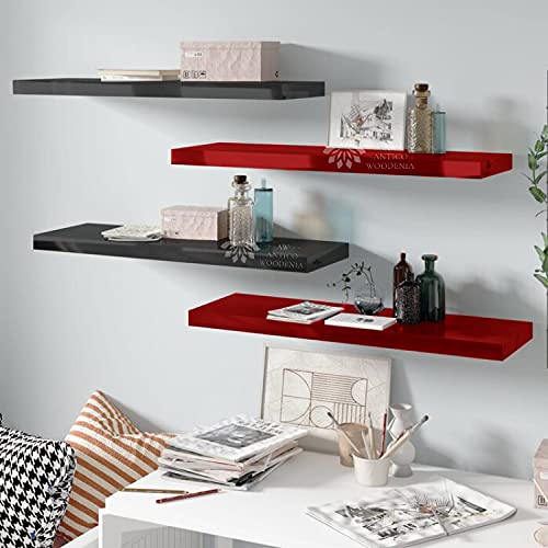 Image of Aries Wooden Floating Wall Shelf| Wall Rack Shelf | Wall Mount for Living Room, Bedroom, Kitchen (Set of 4 Black and Red, Large)