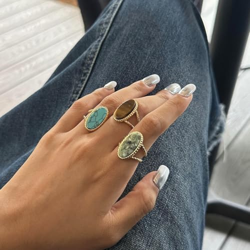 Geometric Oval Statement Ring for Women Gold Plated Titanium Steel Retro Stone Adjustable Open Band Wrap Finger Rings Comfirm Fit Boho Vintage Wedding Engagement Jewelry Gift2