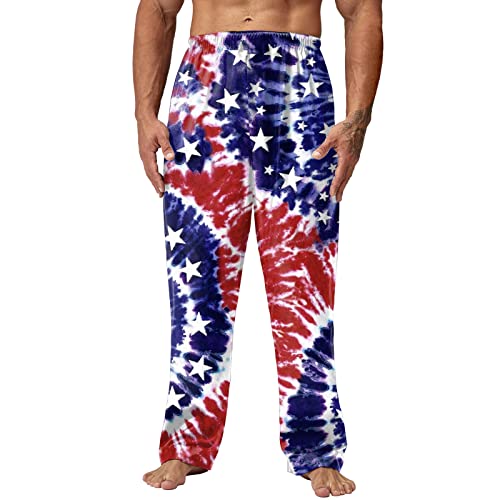 Pantalones holgados para hombre, primavera, verano, día de la independencia, estampado de pijama, pantalones largos, pantalones casuales con purpurina, azul, S