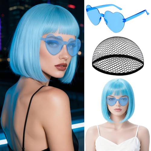 Image of MEEZY Light Blue Short Bob Wigs Straight Hair with Flat Bangs Heart Sunglasses for Women, Colorful Funny Cosplay Party Neon Wig Synthetic Natural As Real Carnival Halloween Costume Party Favors
