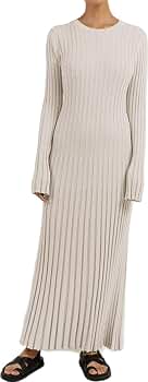 Long Sleeve Sweater Dress for Women Crewneck Maxi Sweater Dress Pure Color Ribbed  Knit midi Dress wrap Sweater Dress (Small,A-Apricot) at Amazon Women's  Clothing store