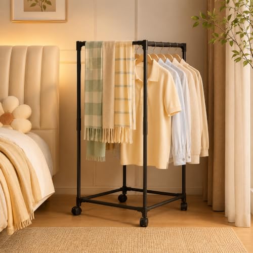 Image of Metal Multifunctional Heavy-Duty Quality Garment Stand Cloth Rack Freestanding Storage with Bottom Shelves Adjustable Single Solid Stainless Steel Spider Plastic 4 Shelf -Black