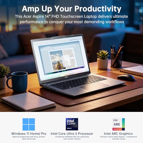 Image of Acer Aspire 14 inch FHD Touchscreen Laptop, Intel Core Ultra 5 226V, Intel ARC 130V,16GB DDR5 RAM, 512GB SSD, AI Copilot+ Business Laptop PC, Win 11 Pro, Wi-Fi 6E, w /HDMI Cable /Pen,with Lifetime Office