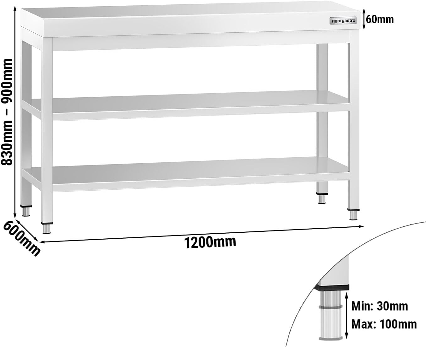 GGM Gastro ATK126 work table with overall dimensions