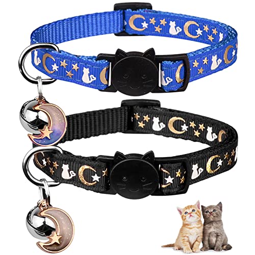 Image of 2PCS Breakaway Cat Collars with Bell Moons Stars Cute Kitty Adjustable Safe Kitten Collars with Pendant Glow in The Dark(Black&Blue)