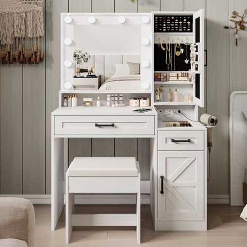 Image of Fameill Vanity Desk with Mirror and Lights,Make up Vanity with Chair and Outlet,Dressing Table with Jewelry Cabinet, Bedroom Vanity with 2 Drawers, 3 Lighting Colors,36.4 inch,Antique White