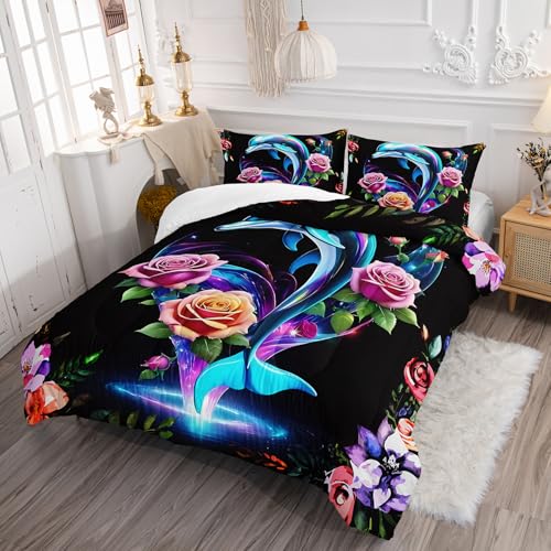 Image of AILONEN 3D Jumping Dolphin Comforter Set Twin Size, Rose Flower Leaf Bedding Set for Kids Girls Boys,Dolphin Ocean Animal Print Duvet Set 3Pcs for Bedroom Decor,1 Quilt and 2 Pillowcases,Soft