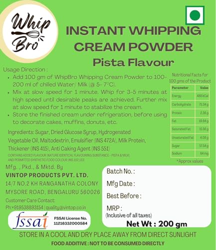 Image of WhipBro Whipping Cream Powder | Pista Flavour | Baking & Dessert Use (200 g)
