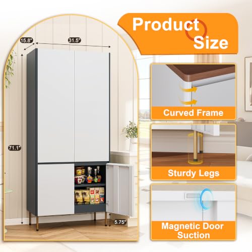 Image of 71 inch Metal Storage Cabinet with Doors, Tall Pantry Cabinet,Gray | 4 Magnetic Doors, Adjustable Shelves, Freestanding Storage Cabinets for Kitchen, Living Room, Bathroom, Office,Dining