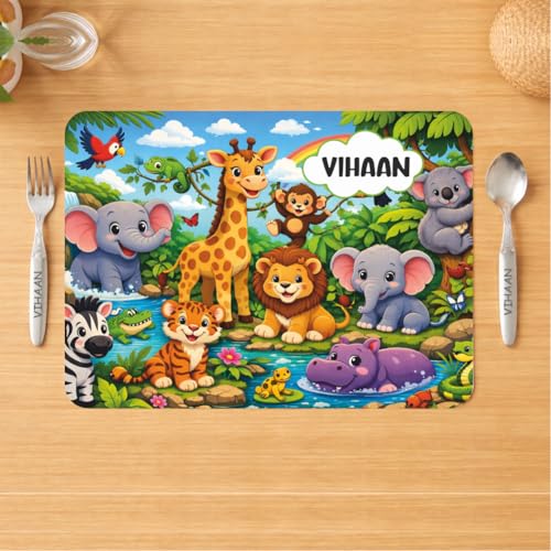 Image of Customized Table Mat with Name & Design Engraving | Personalized Dining Mat with Spoon & Fork | Customized Birthday Gift for Kids (Jungle)