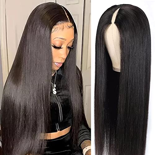 Pobokix 22Inch V Part Wigs Human Hair Straight Brazilian Human Hair Wigs for Black Women Upgrade U Part Wigs No Sew in NO Glue Half Wigs Human Hair 180% Density Natural Color