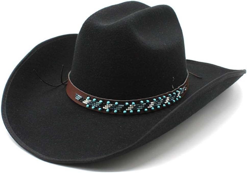 Western Cowboy Hat, Black Wool Felt, Turquoise Beaded Band, Wide Brim