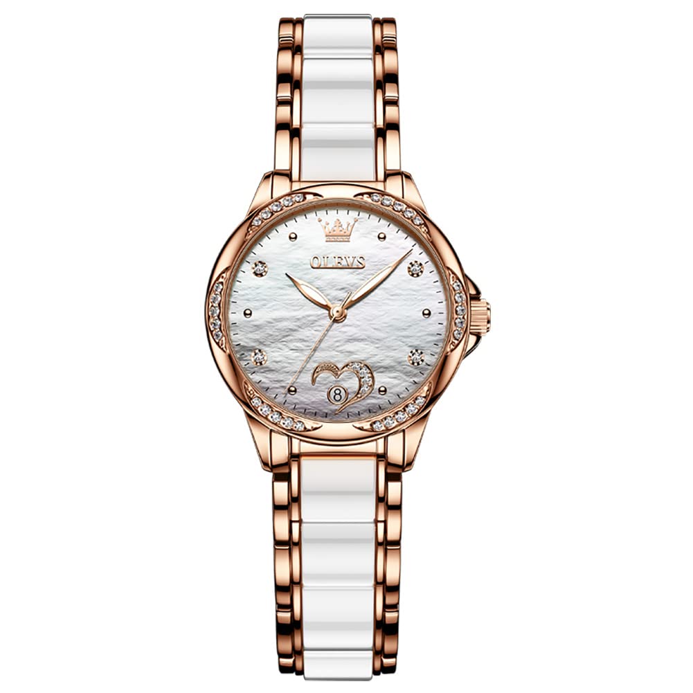 OLEVS Damen Automatikuhr Diamant Lünette modisch wasserdicht Kalender zweifarbig, Edelstahl Keramik Armband