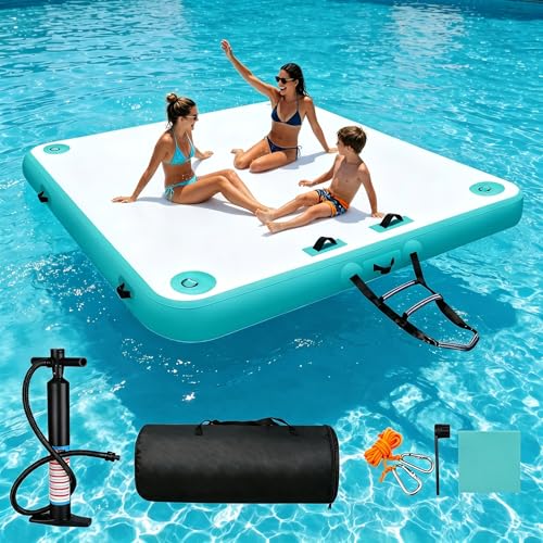 Aufblasbare Dock Schwimmdock Schwimmende Plattform Wasser Bade Insel für 2/4/6 Personen mit Leiter Tragetasche & Pumpe Inflatable Schwimmen Wasserplattform für Pool Boot See Teich (200x150x15cm)