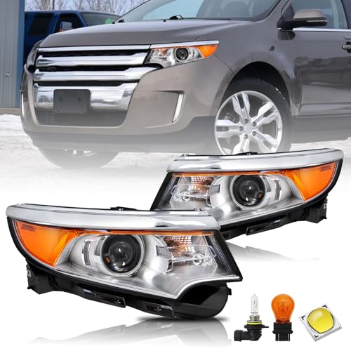 Bingbingmotor Headlights Assembly w/Bulbs Compatible with 2011 2012 2013 2014 Ford Edge Halogen Replacement Projector Headlamp Right Passenger &Left Driver Side Chrome Housing