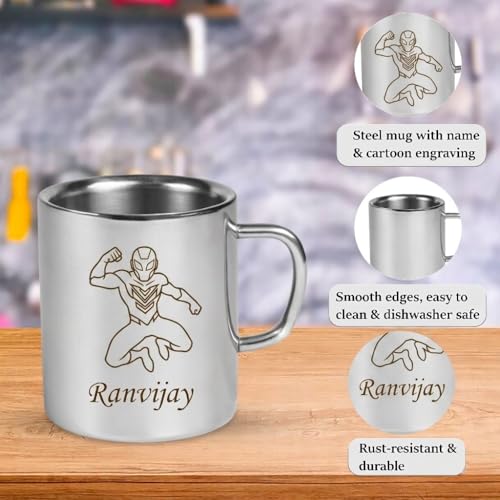 Image of SAVRI Personalized Stainless Steel Mug for Kids with Customized Name Engraved & Cartoon Design | 220 ml Double Wall Insulated Mug for School, Milk, Juice & Water (Spiderman)