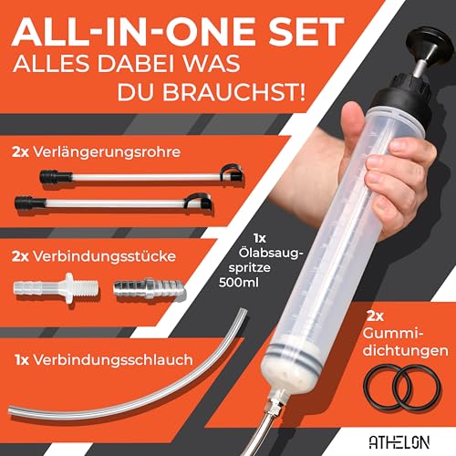 ATHELON® Ölabsaugpumpe [Spritze 500ml] - Universelle Absaugpumpe für Getriebeöl, Frostschutzmittel, Wasser oder Ölwechsel bei Auto & Co. - Ölspritze inkl. Schlauch & Verlängerungen